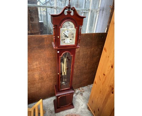 A TEMPUS FUGIT 31 DAY GRANDMOTHER CLOCK WITH GLASS DOOR AND THREE WEIGHTS 