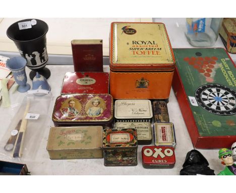 A QUANTITY OF VINTAGE TINS TO INCLUDE SHARPS TOFFEE, CRAVEN 'A' CIGARETTES, OXO, ETC 