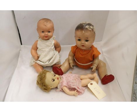 THREE VINTAGE DOLLS, TWO WITH INDISTINGUISHABLE NAMES ON THE NECK 
