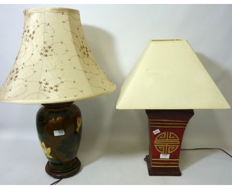 Hand painted enamelled table lamp with embroidered shade H68cm  and a Chinese style table lamp  (2) (This item is PAT tested 