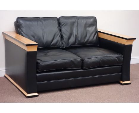 Quality Art Deco style satinwood banded and birdseye maple framed two seat sofa upholstered in black leather, W151cm Conditio