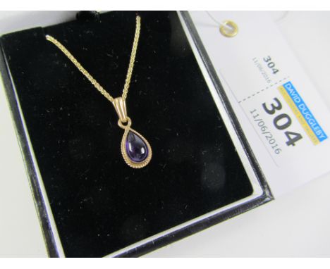 Amethyst teardrop cabochon pendant necklace hallmarked 9ct Condition Report Click here for further images, condition, auction