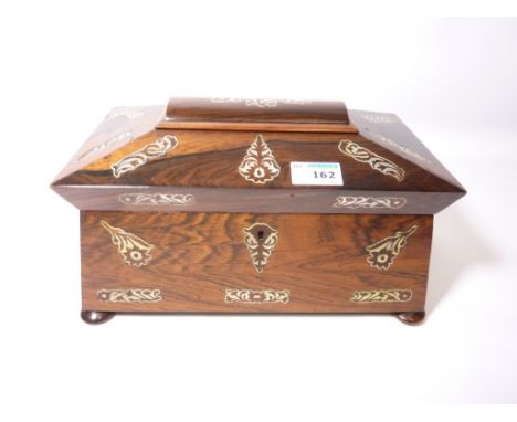 Victorian rosewood sarcophagus shape tea caddy with mother of pearl inlay W31cm  Condition Report Click here for further imag