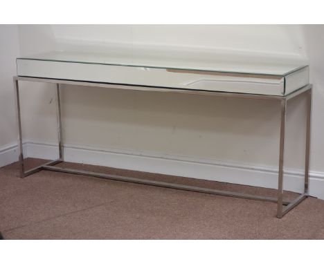 Long Italian bevel edged mirrored console table on chromed metal base, W160cm, H70cm, D40cm Condition Report Click here for f