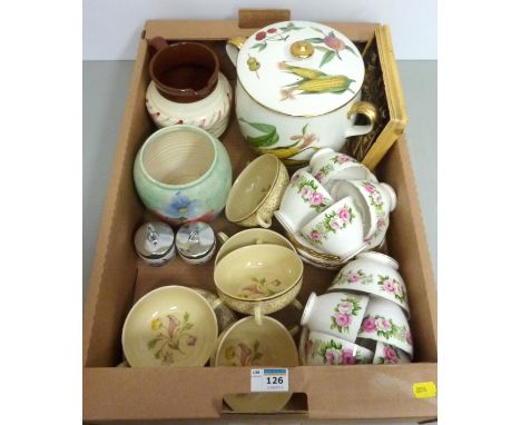 Royal Worcester 'Evesham' biscuit barrel, Clarice Cliff for Royal Staffordshire Pottery soup bowls and saucers, Colclough tea