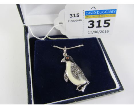 Enamel and marcasite penguin pendant necklace stamped 925 Condition Report Click here for further images, condition, auction 