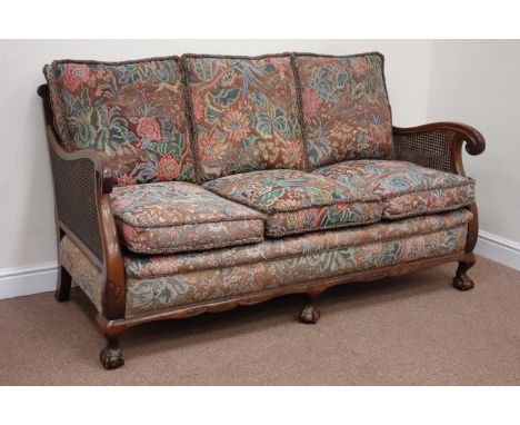 Quality three piece walnut bergère suite comprising of three seat sofa (W166cm), pair matching armchairs (W71cm), scroll arms