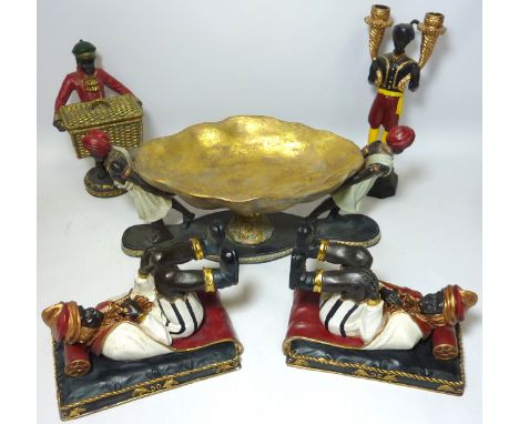 Blackamoor figural comport W41cm, pair of similar bookends, trinket box and a cast metal two branch candlestick (5) Condition