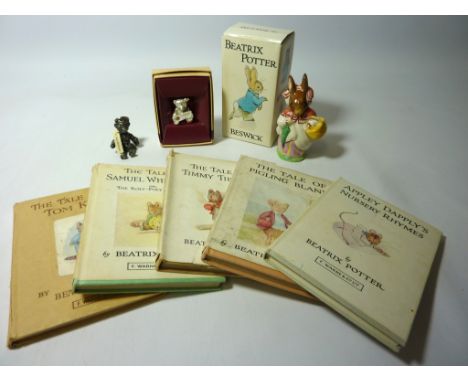 Beswick Beatrix Potter ornament 'Mrs Rabbit' (boxed), Beatrix Potter books, Steiff Club teddy bear badge and one other item  