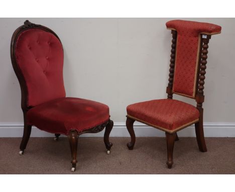 Victorian carved walnut spoon back nursing chair and a early 20th century walnut bobbin turned chair with upholstered seat an