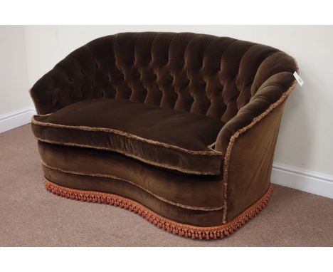 Early to mid 20th century curved back two seats sofa with serpentine seats, upholstered in velvet, W144cm Condition Report Cl