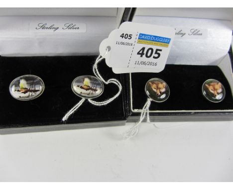 'Foxes' and 'Pheasants' two pairs enamel cuff-links stamped 925 Condition Report Click here for further images, condition, au