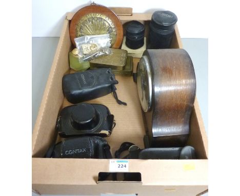 Oak cased chiming mantel clock, pair three branch brass candlesticks, cameras and lenses, brass plaque 'Quis Separabit', Mexi