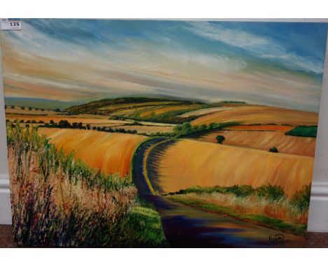 'Last Light on the Wolds', oil on canvas signed by Tony Hogan (British c.1950-)  and dated '05,  45cm x 61cm (unframed) Condi