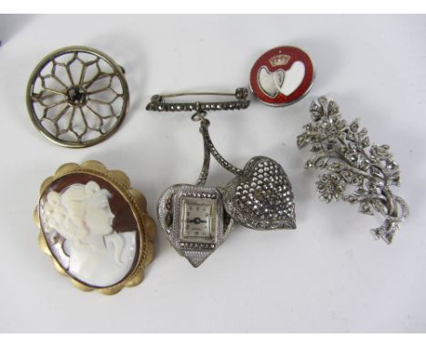 Continental heart shaped diamante silver fob watch stamped 800, amethyst set brooch, cameo brooch hallmarked 9ct etc Conditio