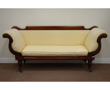 Victorian walnut scroll arm sofa, raised on reeded baluster feet, W214cm Condition Report Click here for further images, cond