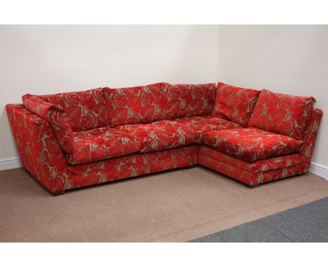 Multi-York corner sofa (280cm x 180cm), and matching footstool, upholstered in red leaf pattern changeable cover Condition Re