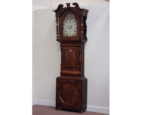 19th century 'Yorkshire' mahogany longcase clock, 8-day bell striking movement, painted enamel dial, H234cm CLOCKS & BAROMETE