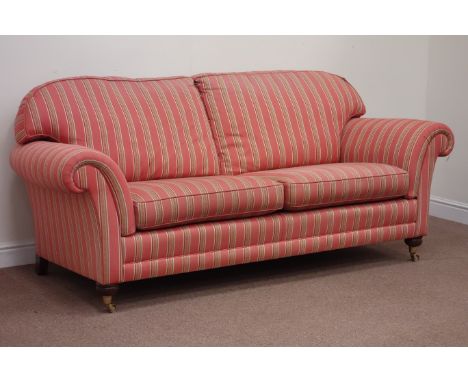 20th century large two seat sofa upholstered in striped fabric, W215cm Condition Report Click here for further images, condit