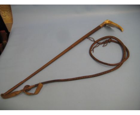 19th Century riding crop / whip with horn handle and gilt metal collar
