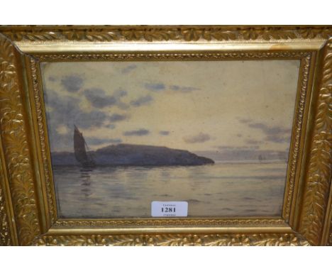 Watercolour, sailing vessels off a coastline, signed indistinctly, 7.25ins x 9.25ins, gilt framed together with a Graham Cliv