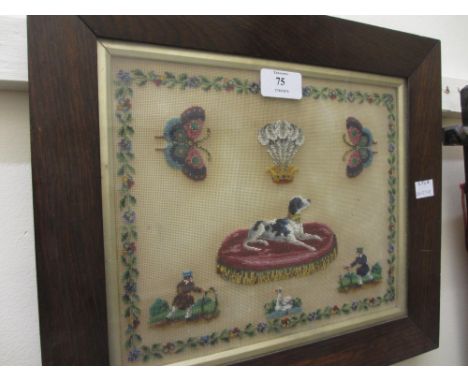 19th Century rosewood framed beadwork picture depicting dog on a cushion, butterflies, children playing with a hoop and a fea