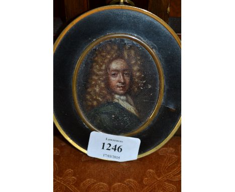 Late 17th / 18th Century oil on copper panel, head and shoulder portrait of a bewigged gentleman in an ebonised wooden and gi