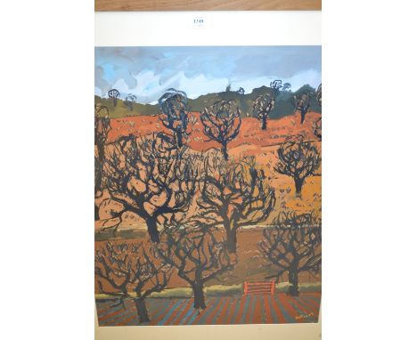 Contemporary mixed media view of a wooded hillside with ploughed field and red gate to the foreground, signed R.A.P. 2005, 24