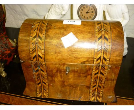 Victorian walnut parquetry inlaid dome topped two division tea caddy together with a 19th Century mahogany tea caddy (a/f)