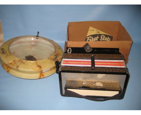 Small Hohner accordion, decorated in black and gilt in original box, together with a mottled glass bowl form light fitting