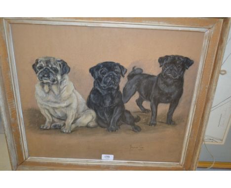 Marjorie Cox, pastel portrait of three pug dogs, signed and dated 1972, 17ins x 19ins