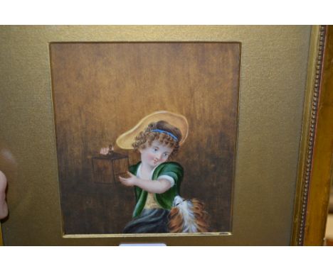 Early 19th Century, watercolour, highlighted with white, portrait of a child with a dog, 6ins x 5ins
