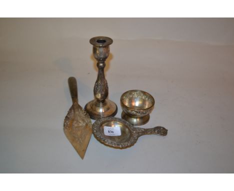 Oriental white metal tea strainer and stand, similar small bowl, candlestick and server