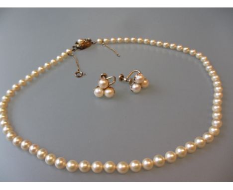 Pair of rolled gold and cultured pearl earrings and a simulated pearl necklace
