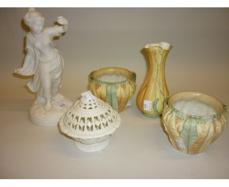 Worcester white glazed pot pourri vase and cover, a bisque figure of a classical girl, together with a pair of Worcester leaf