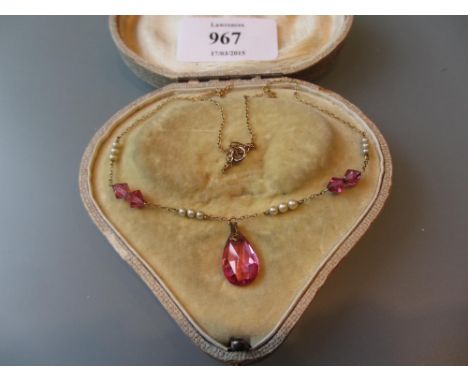 9ct Yellow gold pink stone and pearl set necklace in box