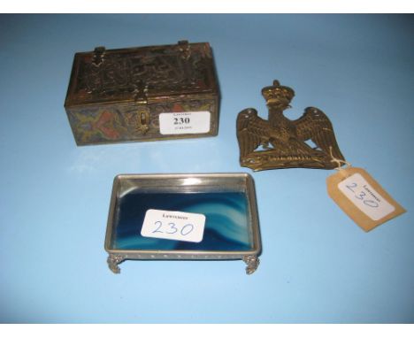Middle Eastern brass and metal inlaid miniature casket, 19th Century embossed brass military cap badge and an agate inset tri