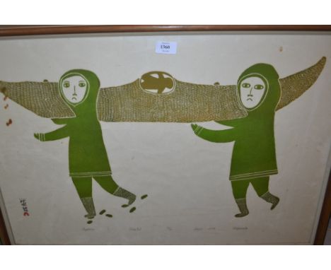 Framed Limited Edition coloured print, eskimoes carrying a kayak together with a Linda Ness, signed coloured lithograph, land