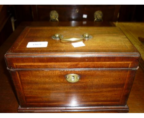 18th Century mahogany and herringbone inlaid tea caddy with side spoon drawer
