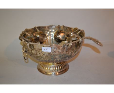 Large silver plated punch bowl with ladle and cups