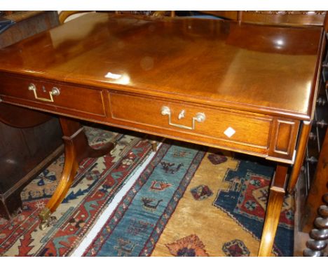 William Tillman, good quality reproduction mahogany drop-leaf sofa table, the figured crossbanded top above two drawers, rect