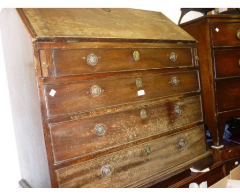 George III mahogany bureau, the fall front enclosing a fitted interior above four graduated drawers raised on bracket support
