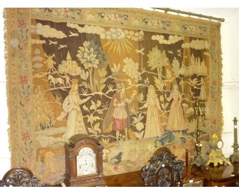 Large Aubusson type tapestry wall hanging, depicting figures in a landscape