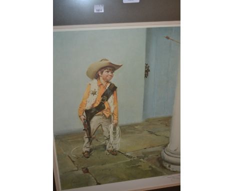 Terence Cuneo, artist signed proof coloured print, a young boy dressed as a cowboy, gilt framed
