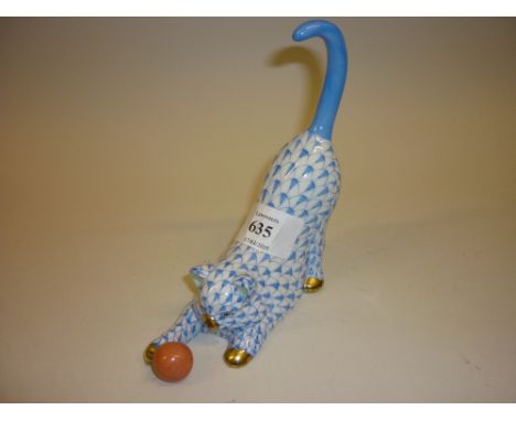 Herend porcelain figure of a cat playing with a ball with blue fish scale decoration, 5ins high