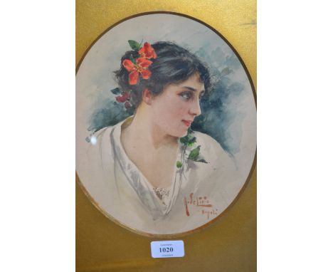 Late 19th / early 20th Century watercolour, head and shoulder portrait of a young lady with red flowers in her hair, signed D