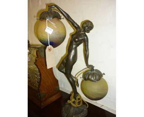 Art Deco style dark patinated brass table lamp in the form of a girl dancer with mottled glass shades