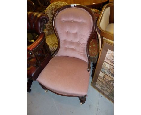 Victorian mahogany pink button upholstered spoon back nursing chair on turned front supports