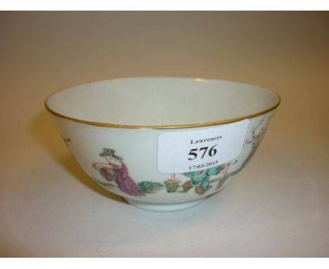 Chinese porcelain rice bowl decorated with figures in a river landscape, signed with seal mark to base, 4.75ins diameter