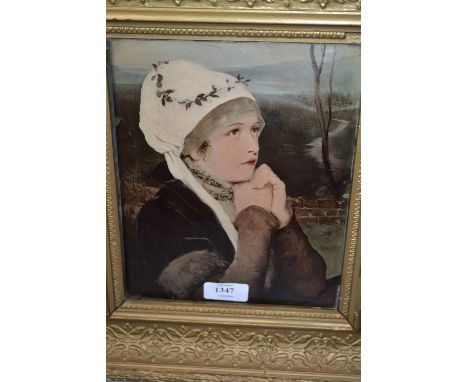Gilt framed cristoleum portrait of a girl wearing a white headdress, together with a Berlin silkwork picture of a girl carryi